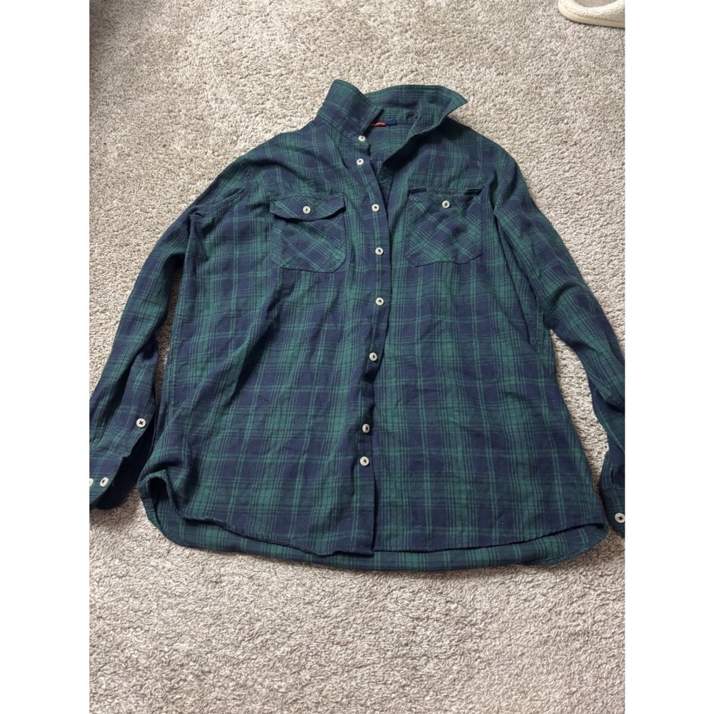 Design In Italy Luxury Plaid Flannel Shirt Mens XL Green Navy Blue Long Sleeve